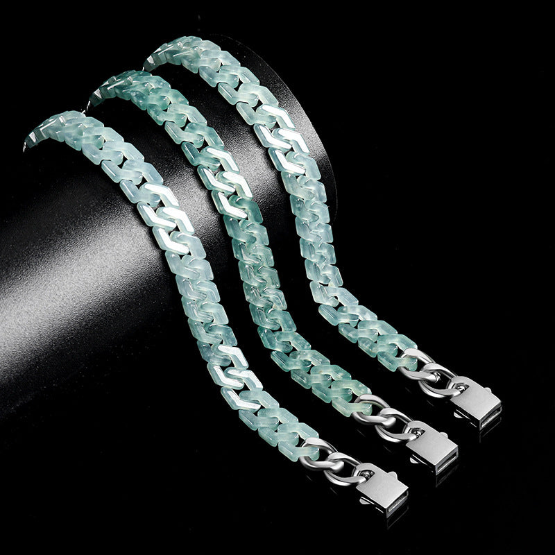 Natural A-Grade Blue Water Jadeite Cuban Link Bracelet – Ice-Type Jade, Titanium Steel, Hip-Hop Style for Women