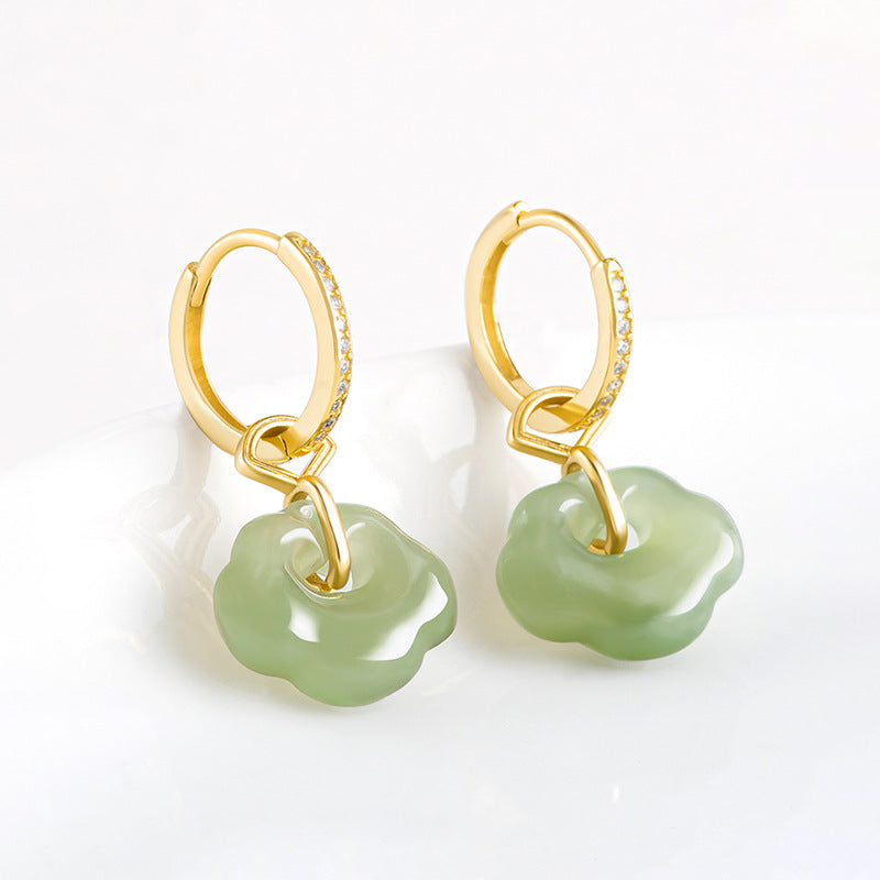 Women’s Natural Hetian Jade Ruyi Earrings, Set in S925 Silver