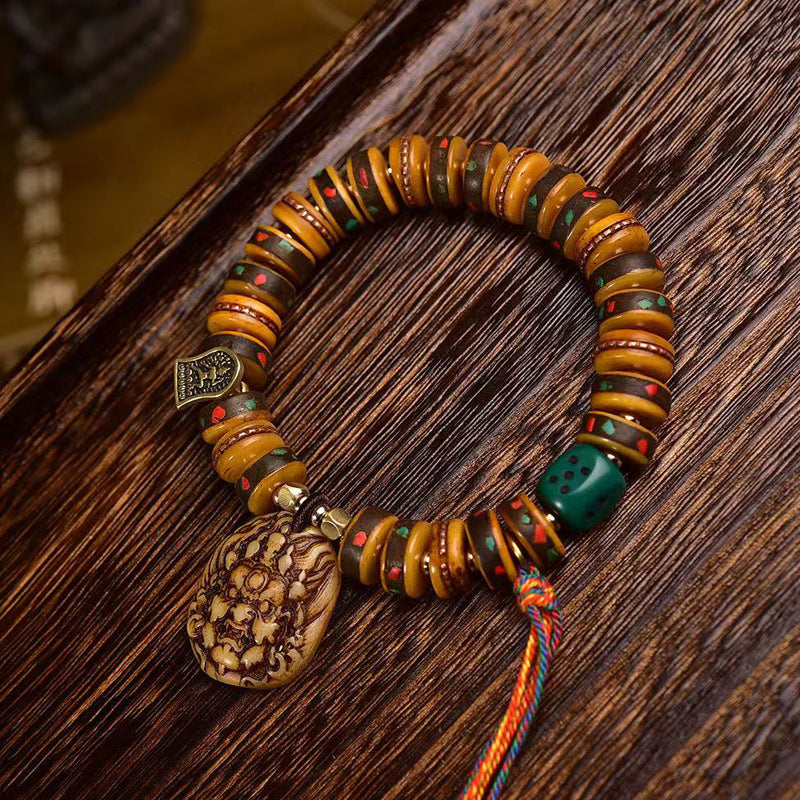 Tibetan Camel Bone Bead Bracelet with Old Copper Inlay – Handcrafted Tibetan-Style Prayer Bead Bracelet