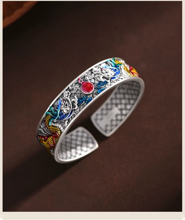 Pure Silver Enamel Zodiac Dragon Bangle