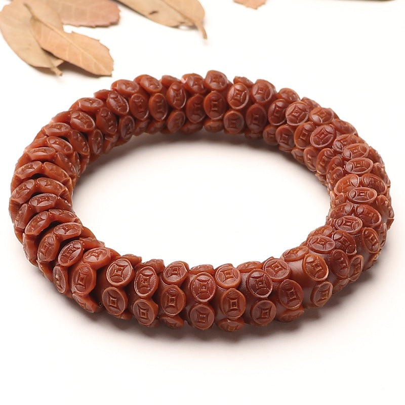 Hand-Carved Natural Olive Pit Coin Bead Bracelet Wenwan Lucky Money Bracelet
