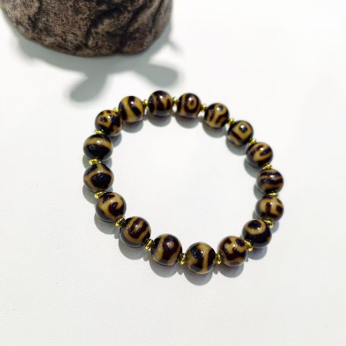 Black & Gold Tiger Tooth Dzi Bead Bracelet, Tibetan-Style Aged Pattern Prayer Bracelet