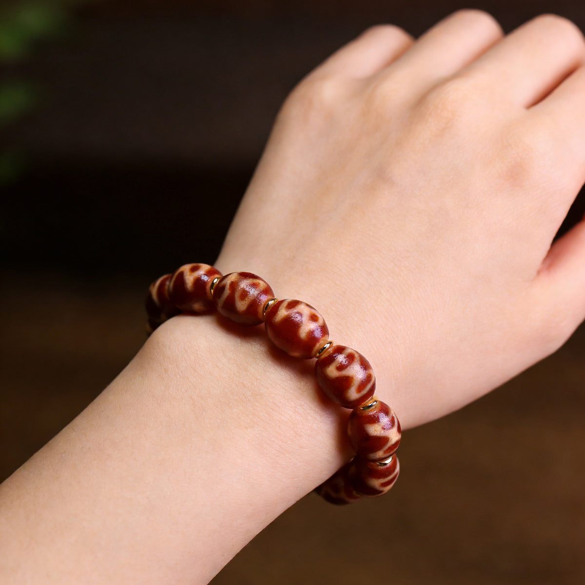 Natural Tibetan Agate Red Flesh Wealth Dzi Bead Bracelet – 12×13mm