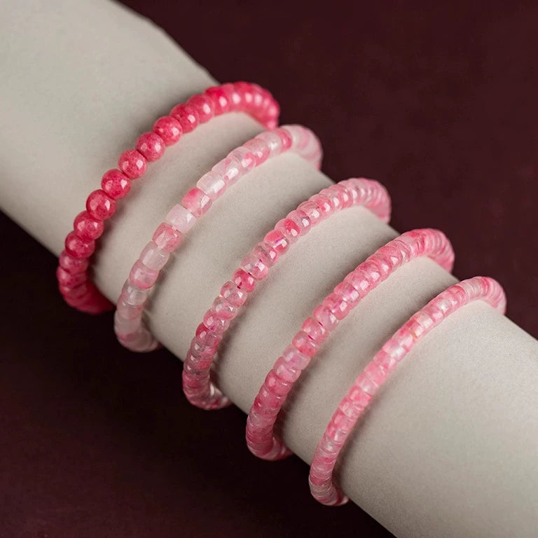 Natural “Sakura Rain” Rhodonite Jade Straight-Cut Thin Slice Bracelet