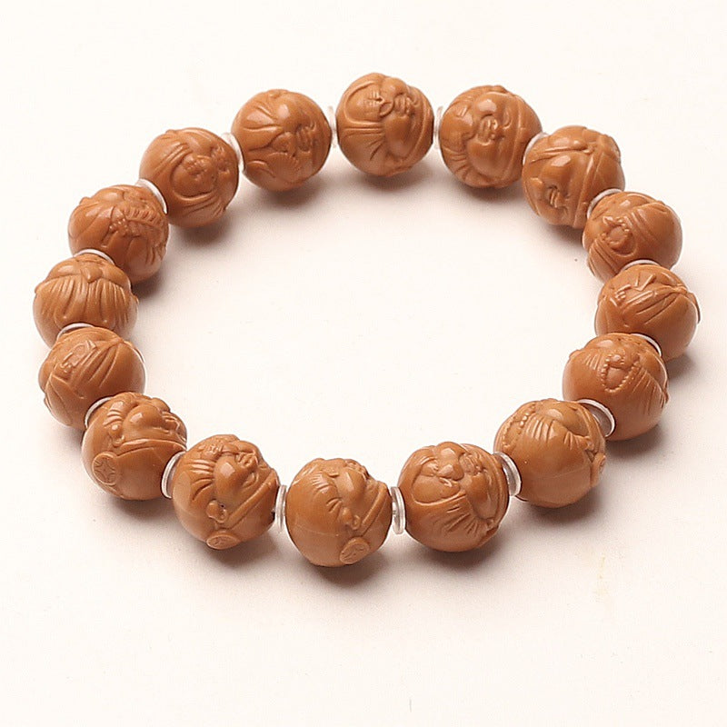 Hand-Carved Monkey Head Walnut "Fortune God" Bracelet