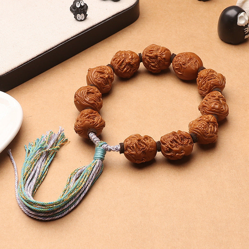 Hand-Carved Olive Pit Fierce Monk Bracelet Bold Wenwan Bead Bracelet 20×21mm