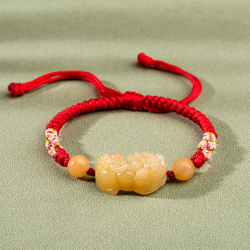 Natural Golden Silk Jade Pi Xiu Bracelet – Handwoven Peach Blossom Knot, Unisex Feng Shui Jewelry