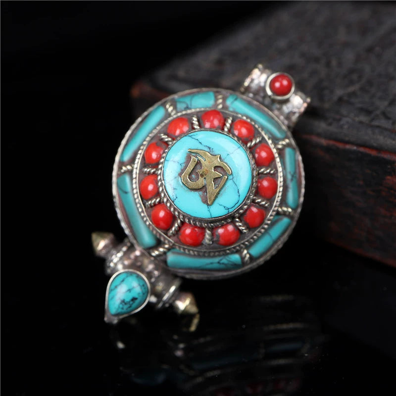 Nepalese Handcrafted Turquoise Inlaid Pure Copper Gau Box Pendant