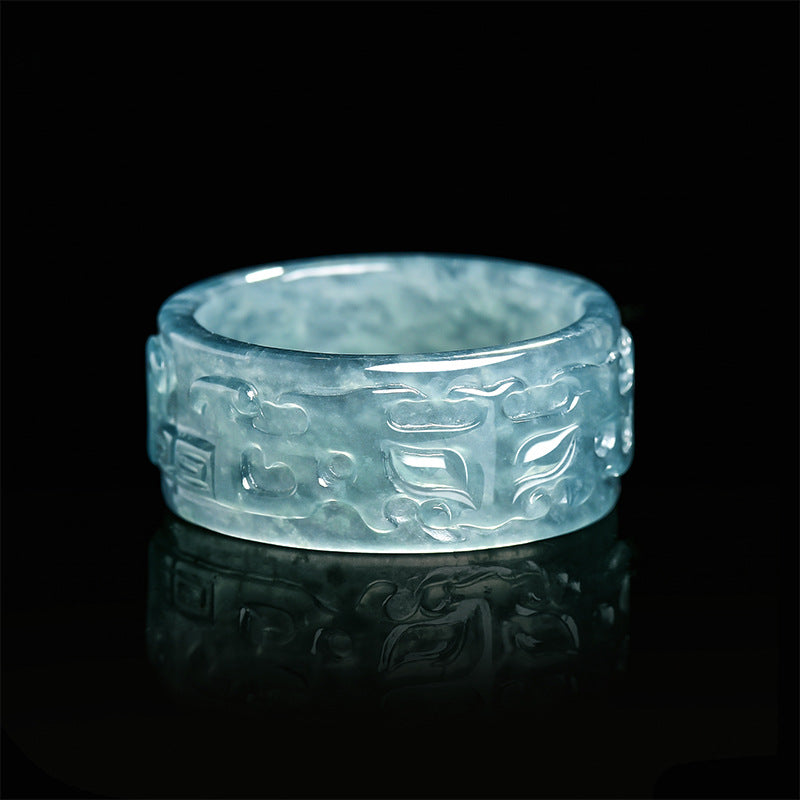 Natural A-Grade Blue Water Jadeite Taotie Ancient-Style Ring – Ice-Type Jade, Unisex Couple's Ring
