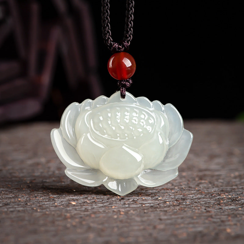 Natural Aged Hetian White Jade Lotus Pendant for Women