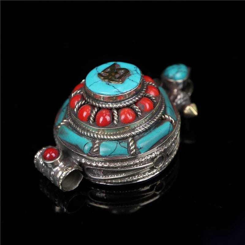 Nepalese Handcrafted Turquoise Inlaid Pure Copper Gau Box Pendant