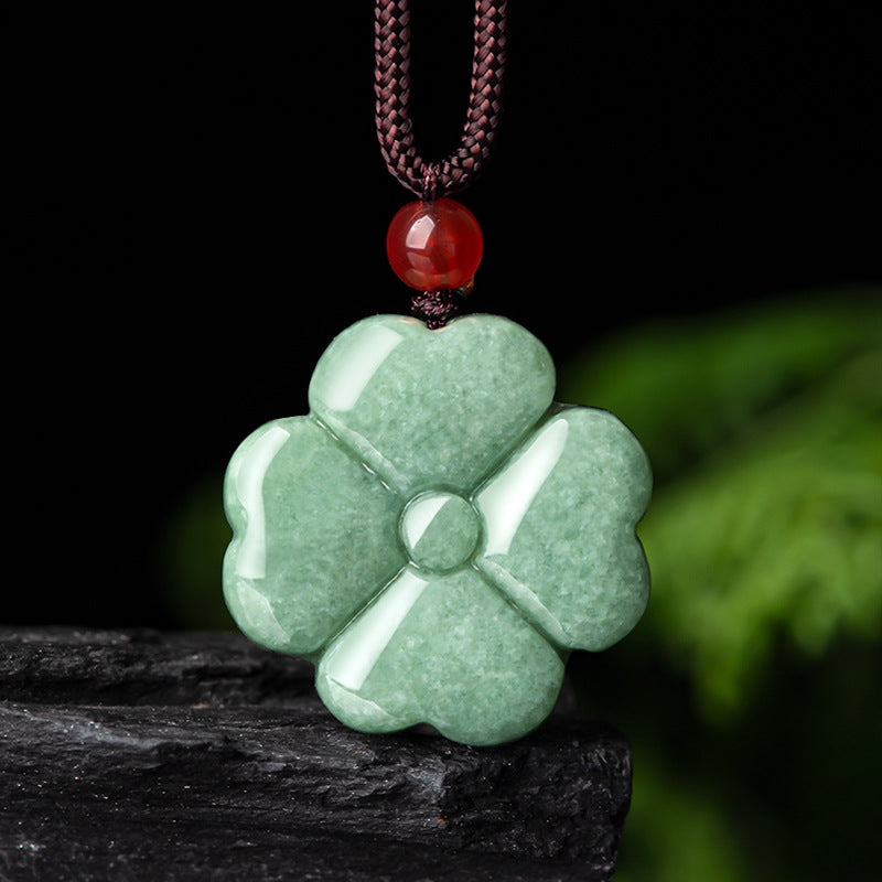 Natural A-Grade Jadeite Four-Leaf Clover Pendant – Hand-Carved Green Jade Jewelry for Women