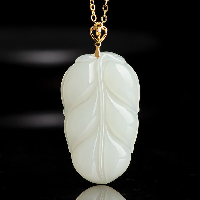 Natural Aged Hetian White Jade Gold Branch & Jade Leaf Pendant for Women