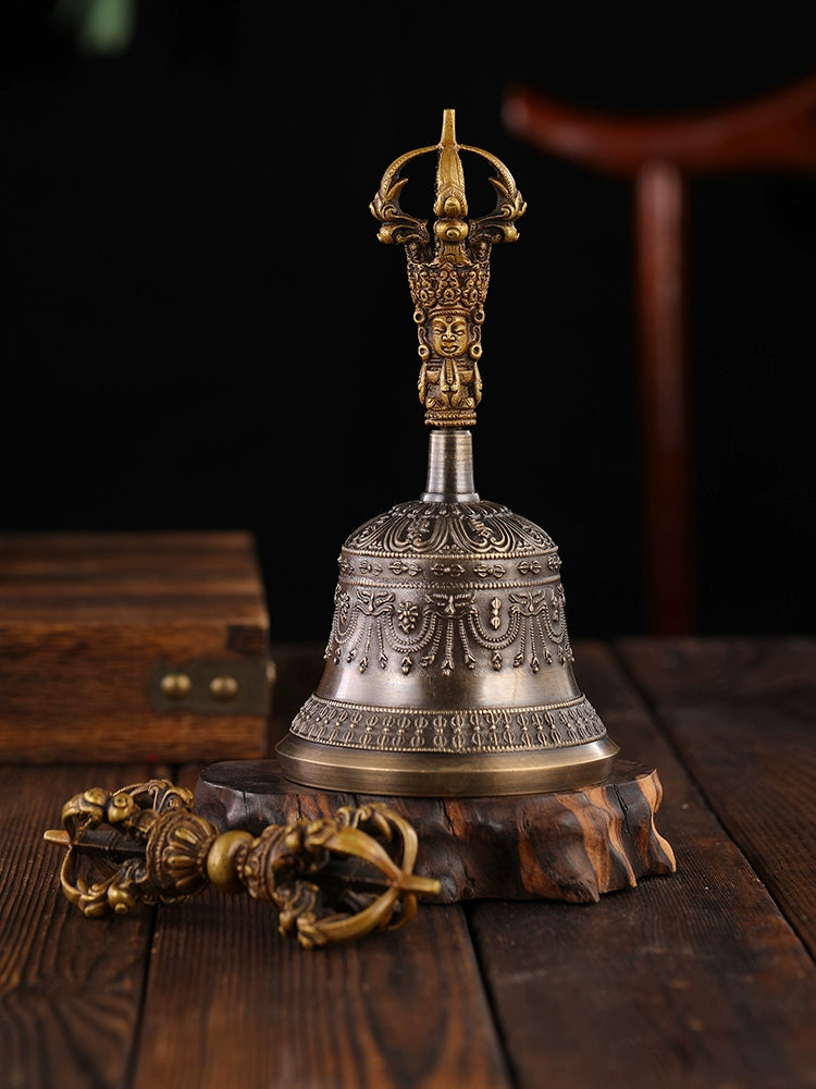 Nepalese Handmade Five-Pronged Vajra Bell and Dorje Set in Pure Copper (Model 6)