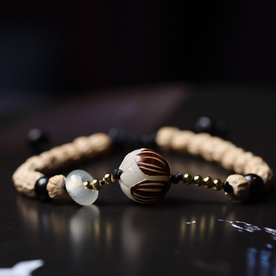 Tibetan-Style Direct-Cut Cypress Seed Braided Bracelet with Carved Bodhi Lotus Bead