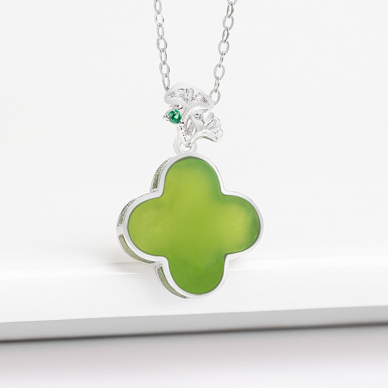 Natural Spinach Green Aged Hetian Green Jade Four-Leaf Clover Pendant with S925 Silver for Women