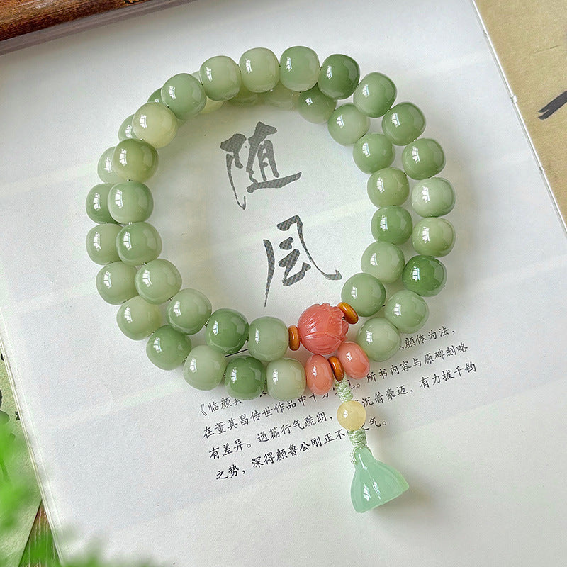 Jade-Like Milky Green Bodhi Double-Circle Stacked Bracelet