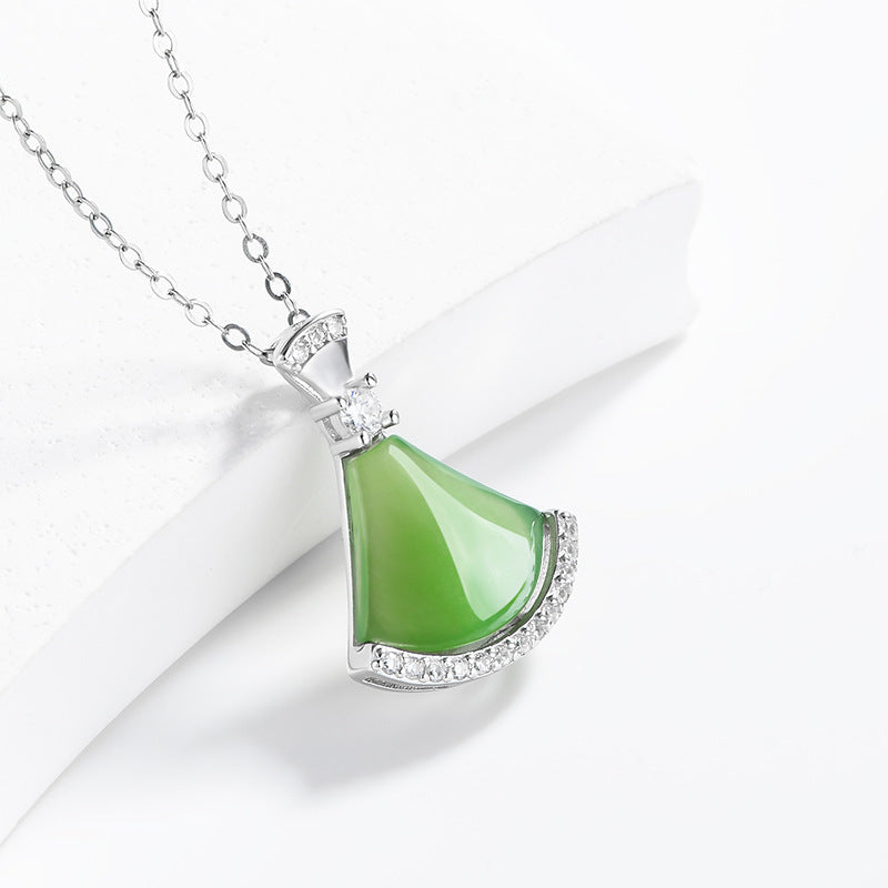 Natural Aged Hetian Green Jade “Little Dress” Pendant for Women, S925 Silver Setting