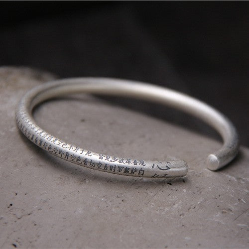 999 Pure Silver Open Cuff Bangle with Heart Sutra Design