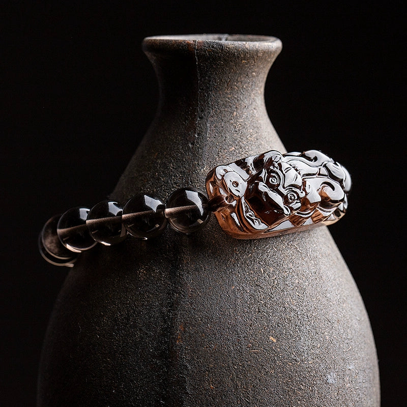 Natural Iced Obsidian Pixiu Wealth and Protection Bracelet