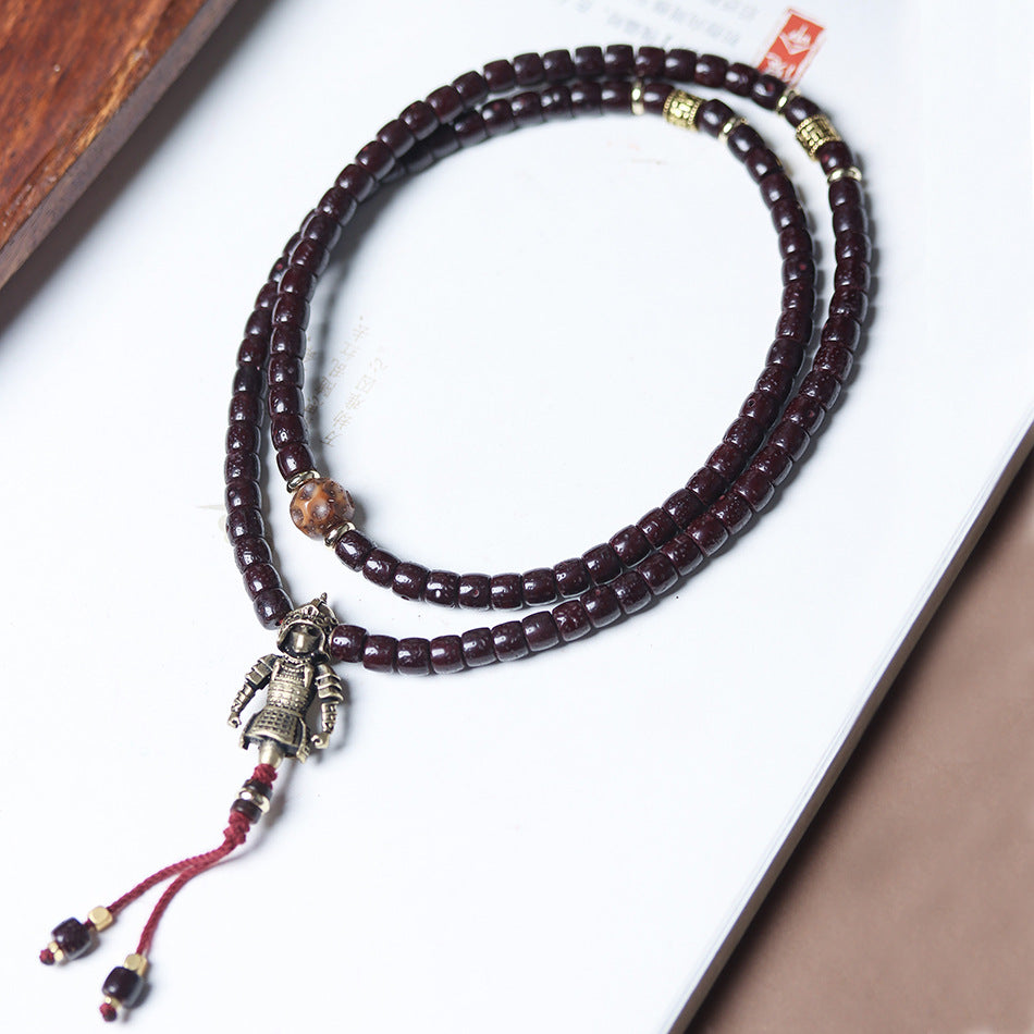 Ancient Cinnabar-Infused Star and Moon Bodhi 108 Mala Beads Bracelet with Tibetan Silver Warrior Charm
