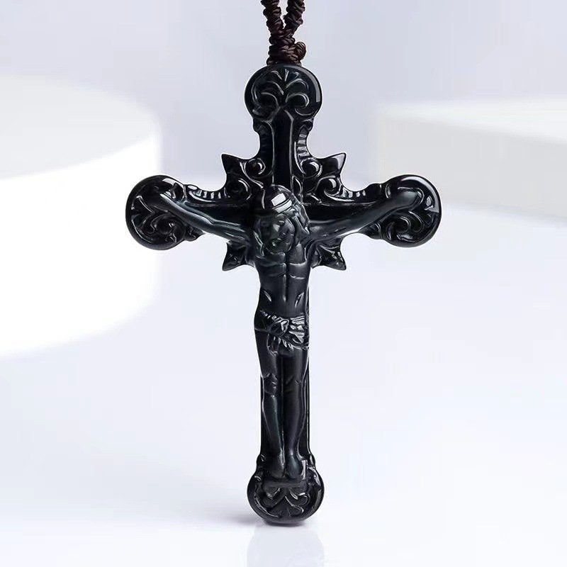 Natural A-Grade Black Jadeite Cross Pendant for Men and Women