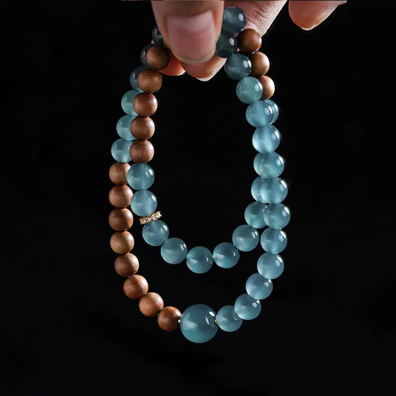 Premium Blue Ice Jadeite Double-Layer Bracelet with Authentic Mysore Old Sandalwood Prayer Beads