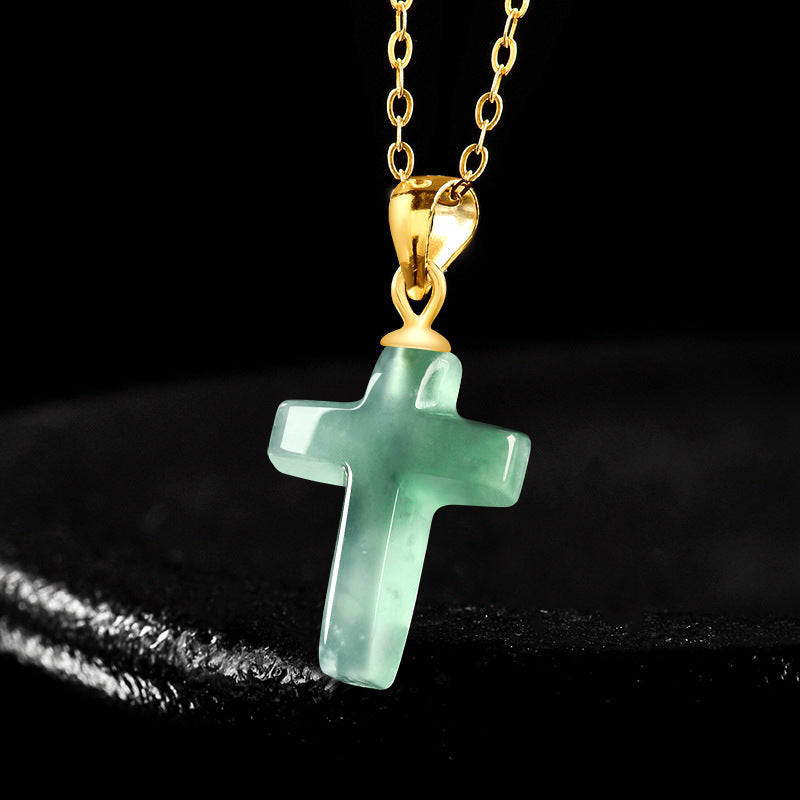 Natural A-Grade Blue Water Jade Cross Pendant for Women — S925 Sterling Silver Setting