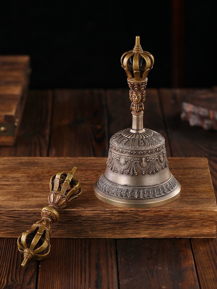 Nepalese Handmade Nine-Pronged Vajra Bell and Dorje Set in Pure Copper (Model 7)