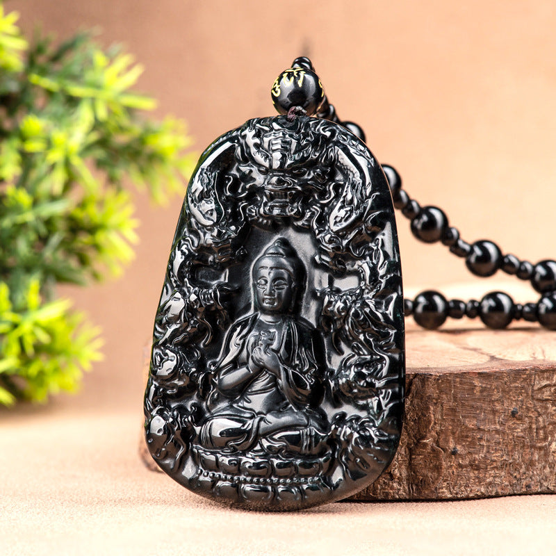 Natural A-Grade Black Jadeite Nine-Dragon Amitabha Buddha Pendant, Unisex