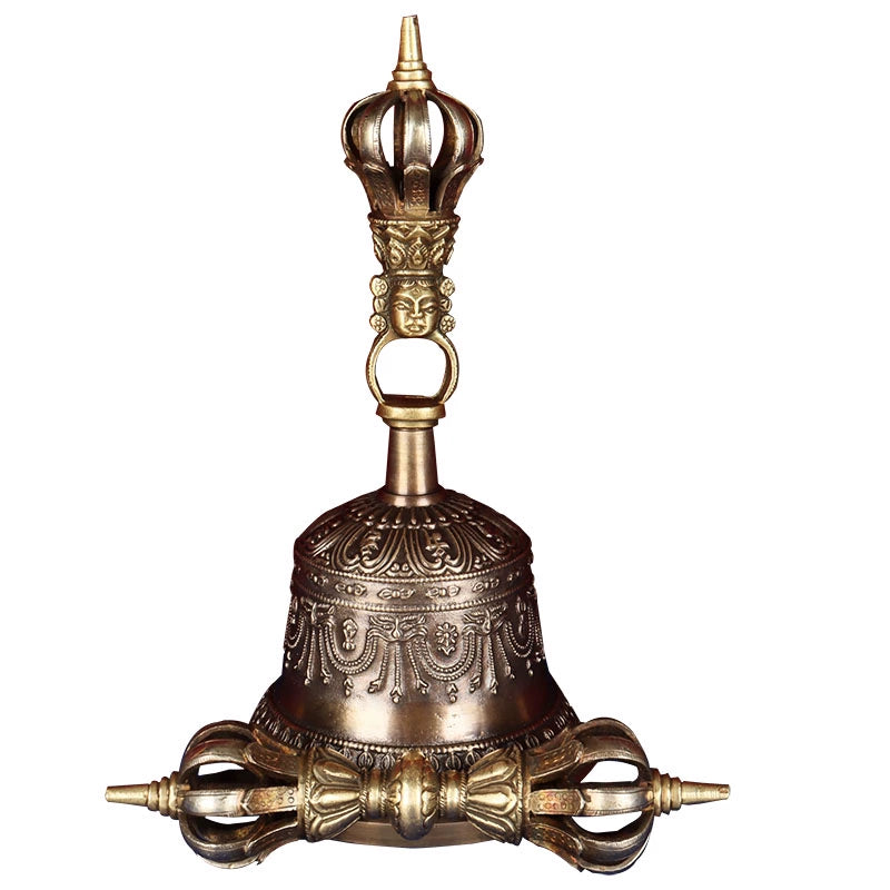 Nepalese Handmade Nine-Pronged Vajra Bell and Dorje Set in Pure Copper (Model 5)