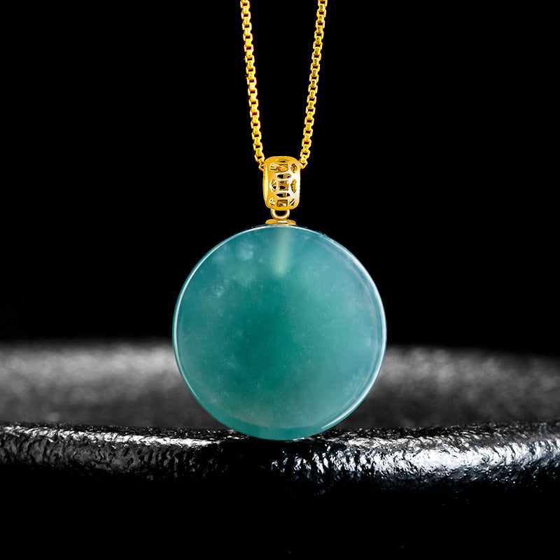 Natural A-Grade Blue Water Jadeite Round Pendant – Ice-Type Jade Disc with 18K Gold Bail, Minimalist Lucky Charm Necklace for Women
