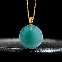 Natural A-Grade Blue Water Jadeite Round Pendant – Ice-Type Jade Disc with 18K Gold Bail, Minimalist Lucky Charm Necklace for Women