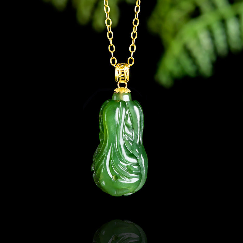 Natural Spinach Green Aged Hetian Jade Cabbage Pendant with 18K Gold Clasp for Women