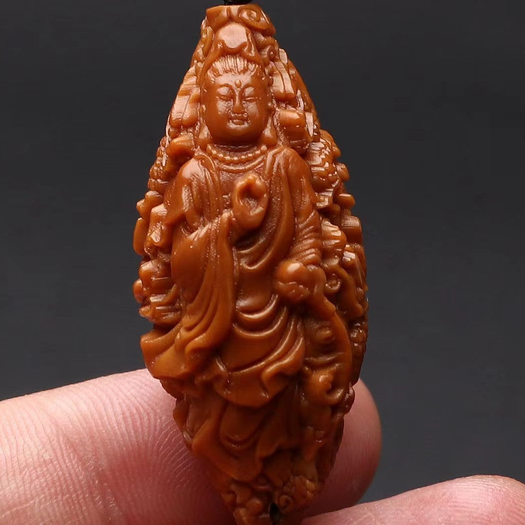 Hand-Carved Olive Pit Nine-Dragon Guanyin Lucky Protection Pendant