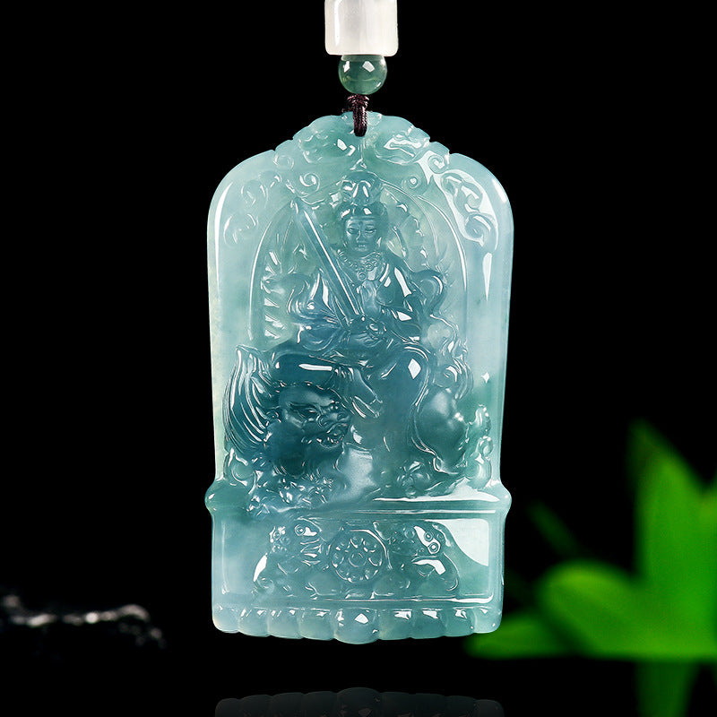 Natural Blue Water Jadeite Manjushri Pendant – A-Grade Jade, Zodiac Rabbit Guardian Talisman, Spiritual Amulet