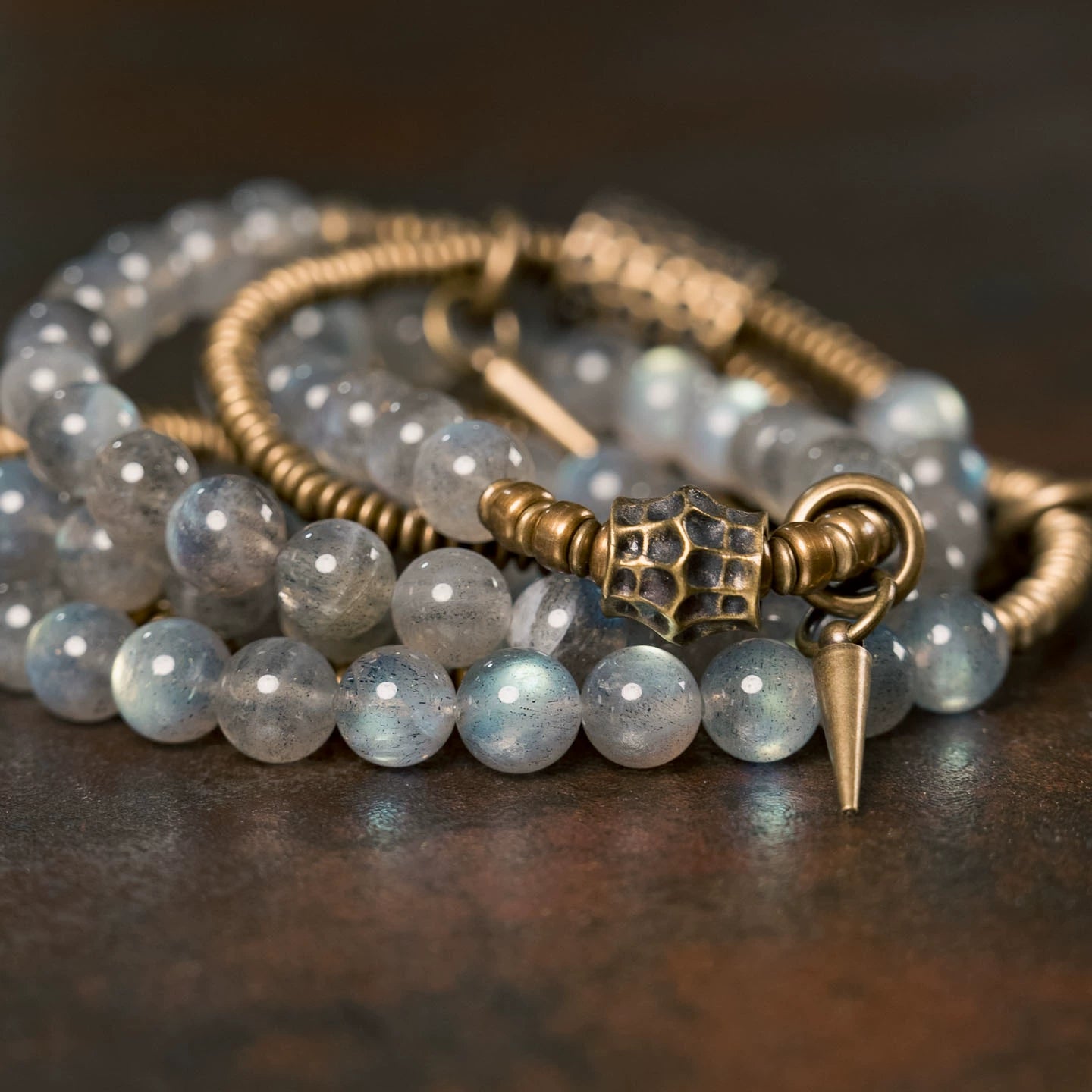 Tibetan-Inspired Multi-Layer Moonstone & Brass Bracelet · Lunar Light, Grounded Spirit