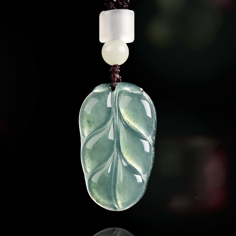Natural Blue Water Jadeite Leaf Pendant – A-Grade Jade, Elegant Spiritual Necklace
