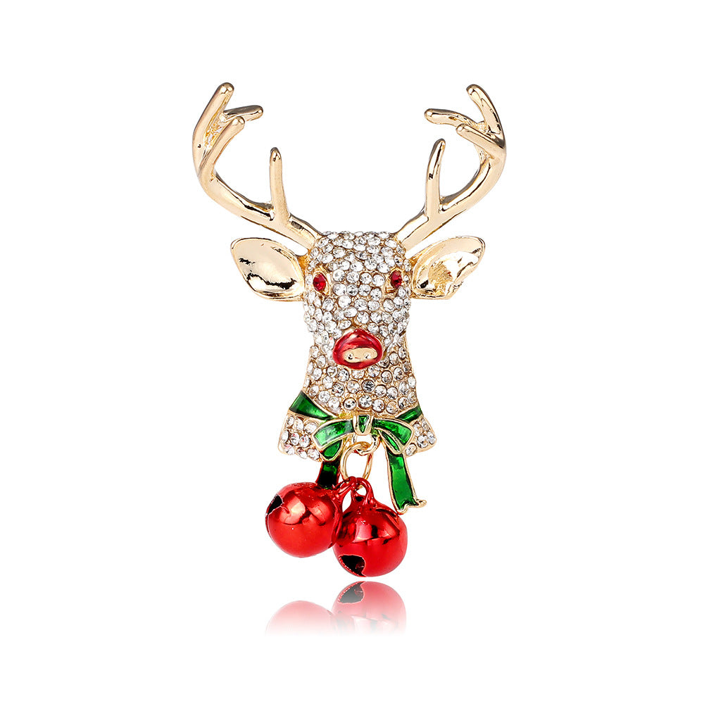 Christmas Elk Bell Brooch Vintage Alloy Brooch with Rhinestones and Pearls