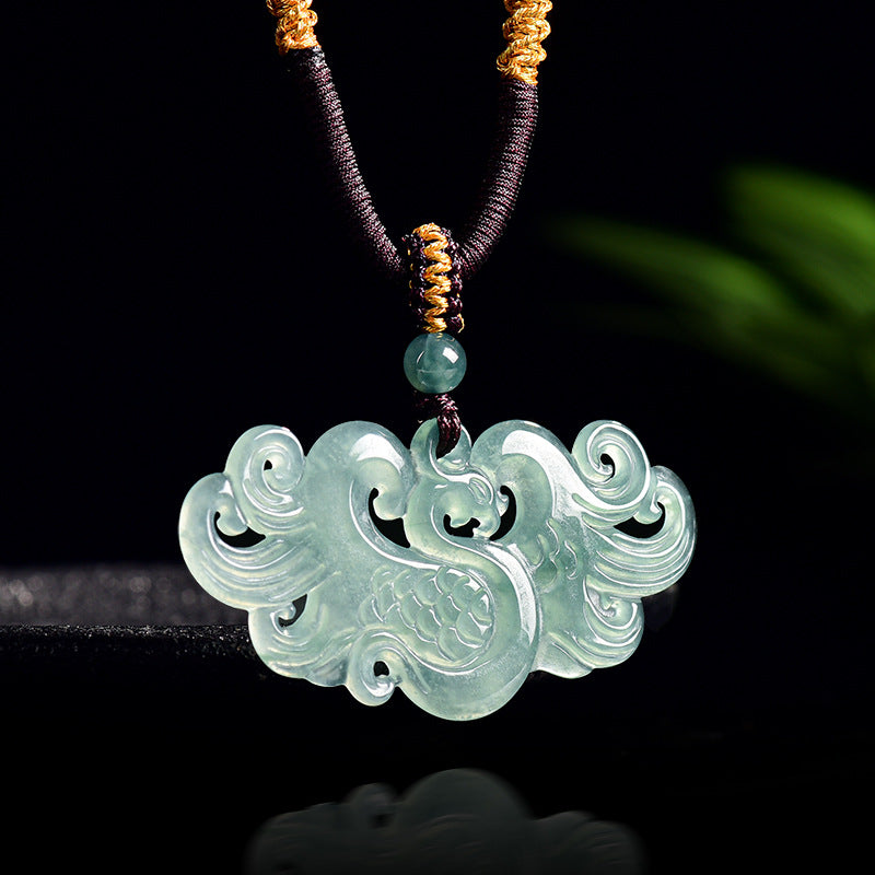 Natural Ice Blue Jadeite Phoenix Pendant – Genuine A-Grade Blue Water Jade, Feng Shui Talisman for Luck & Harmony