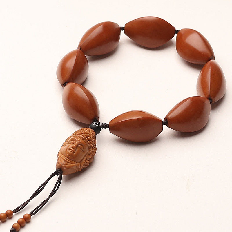 Natural Aged Olive Pit Bracelet with Hand Carved Guanyin Charm