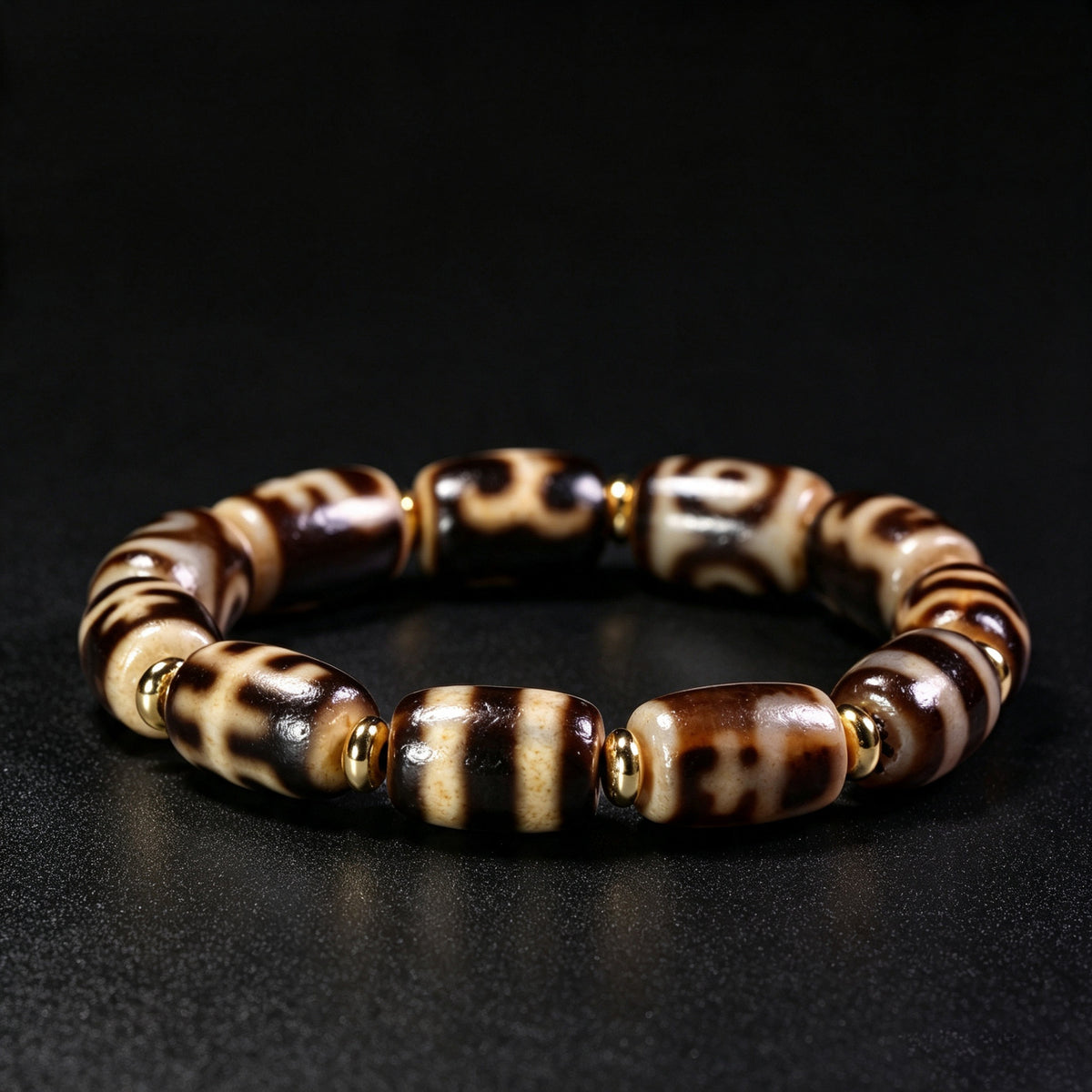 Natural Agate & Chalcedony Tiger Tooth & Three-Eye Dzi Bead Bracelet