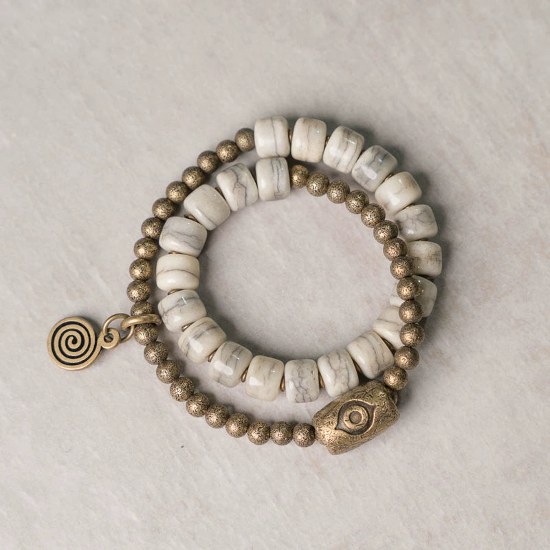 Tibetan Handmade Double-Wrap Yak Bone Bracelet with Brass Dzi Beads an ...