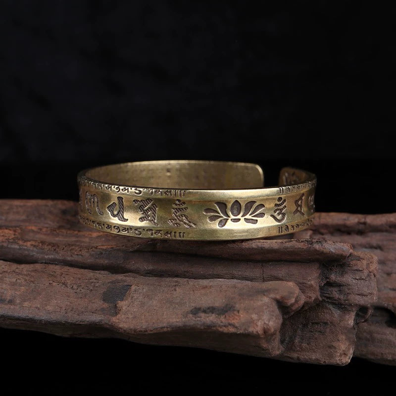 Tibetan Copper Bracelet Lotus Six-Character Mantra Open Bangle