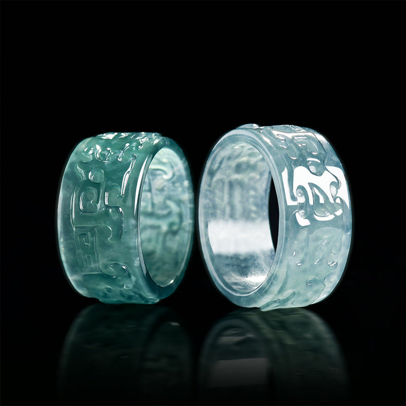 Natural A-Grade Blue Water Jadeite Taotie Ancient-Style Ring – Ice-Type Jade, Unisex Couple's Ring