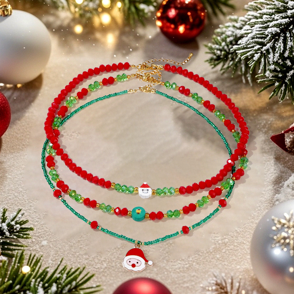 Niche Design Red-green Crystal Flat Bead Gold Rice Bead Christmas Necklace