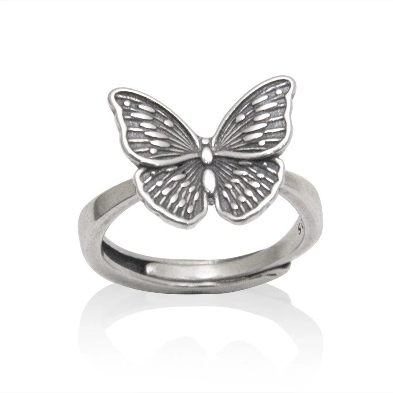 Vintage S925 Sterling Silver Adjustable Butterfly Ring for Women