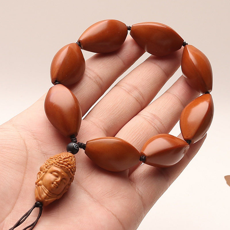 Natural Aged Olive Pit Bracelet with Hand Carved Guanyin Charm