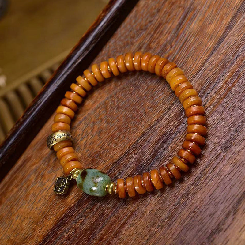 Tibetan Camel Bone Bracelet with Antique Copper Clasp & Agate Dzi Beads – Traditional Tibetan Handcrafted Bracelet