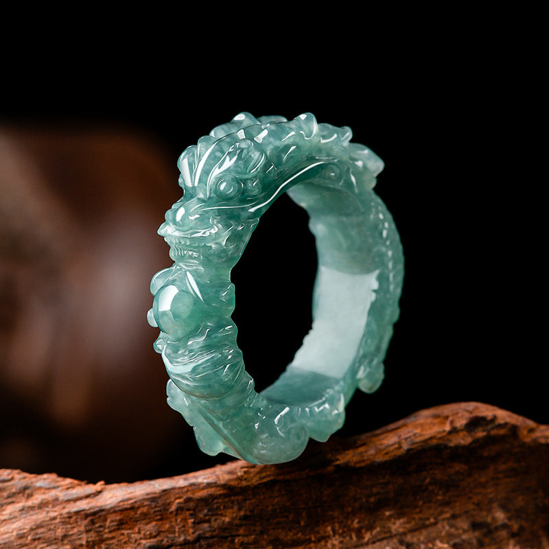 Natural A-Grade Blue Water Jadeite Dragon King Ring – Hand-Carved Ice-Type Jade Ring, 3D Dragon Design Thumb Ring for Men